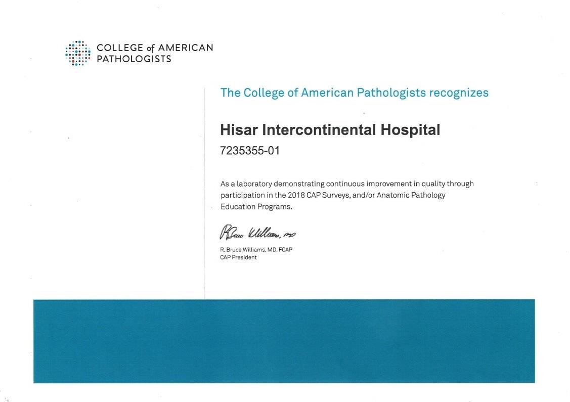Hisar College of American Pathologists Certificate - مستشفى حصار إنتركونتيننتال
